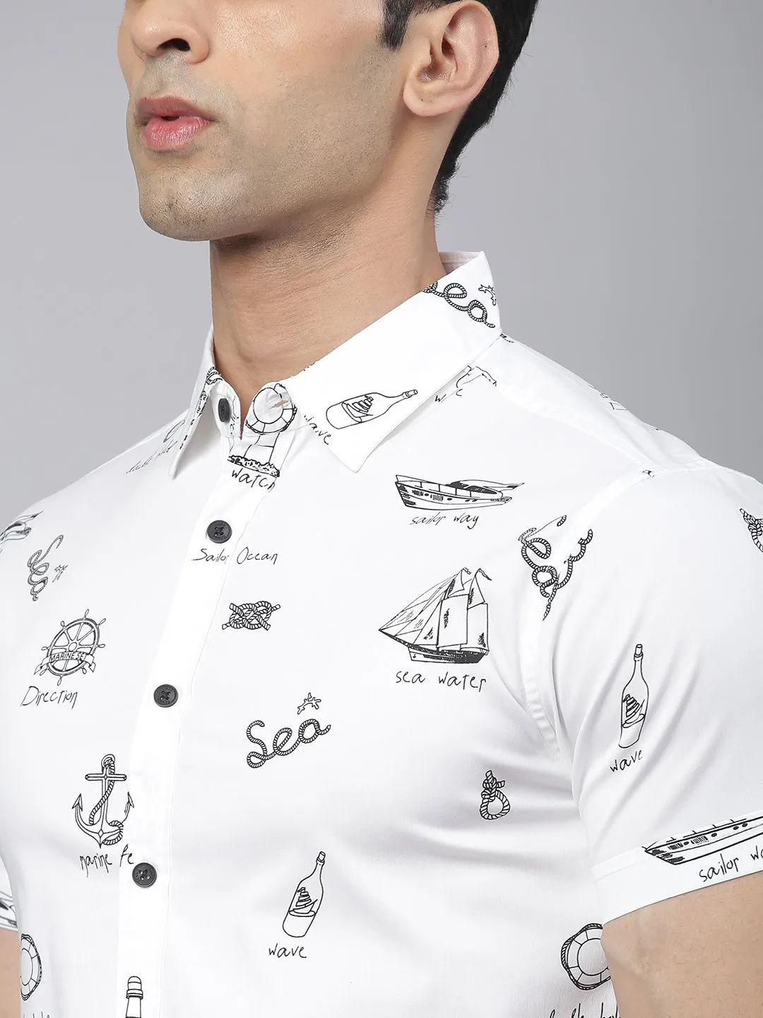 Men's Abstract Print Slim Fit Half Shirts (White)