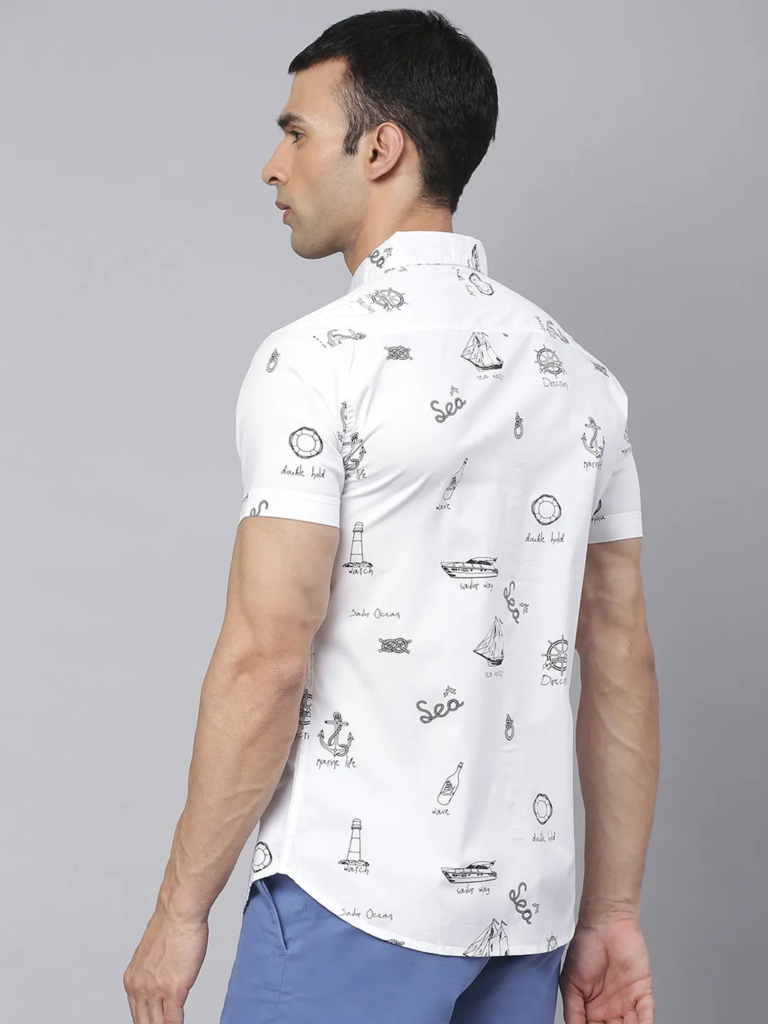 Men's Abstract Print Slim Fit Half Shirts (White)
