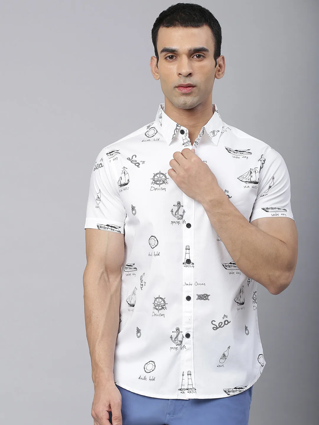 Men's Abstract Print Slim Fit Half Shirts (White)