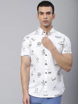 Men's Abstract Print Slim Fit Half Shirts (White)