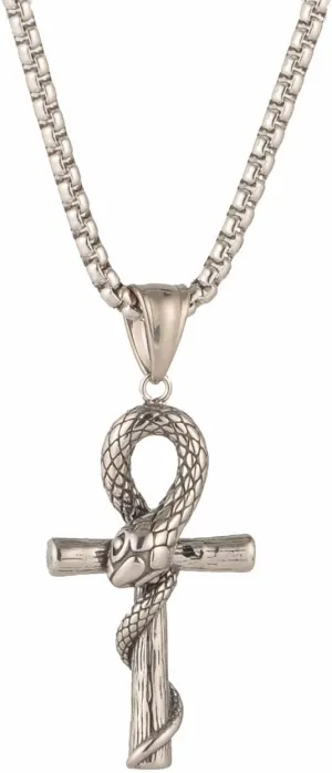 Men'S And Women'S Gothic Punk Hip Hop Rock Animal Snake Shaped Cross Pendant Necklace, 316L Stainless Steel, Silver Stainless Steel Square Pearl Chain, Vintage Jewelry