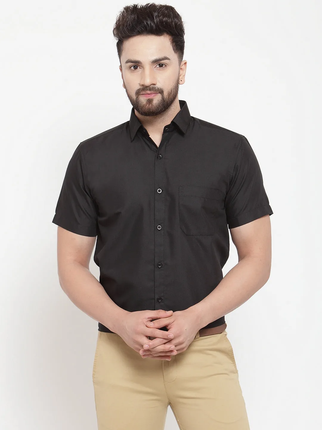 Men's Black Cotton Half Sleeves Solid Formal Shirts ( SF 754Black ) - Jainish