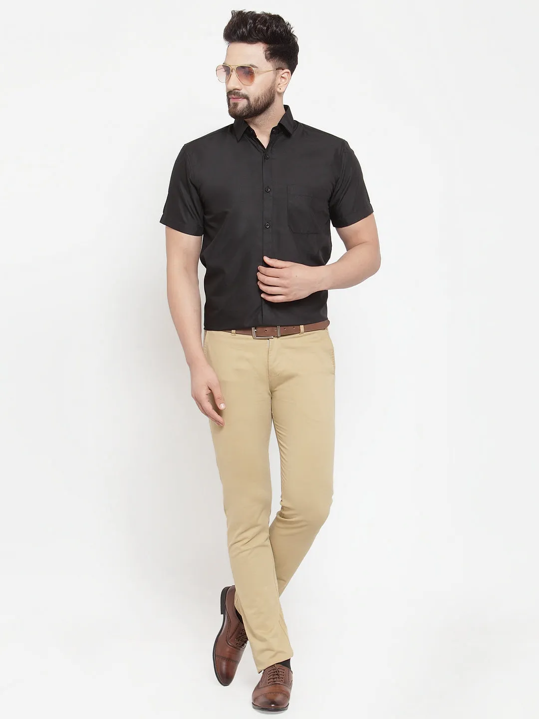 Men's Black Cotton Half Sleeves Solid Formal Shirts ( SF 754Black ) - Jainish