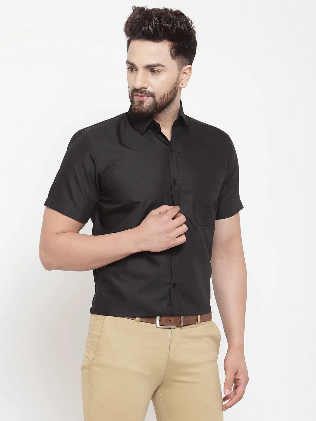 Men's Black Cotton Half Sleeves Solid Formal Shirts ( SF 754Black ) - Jainish