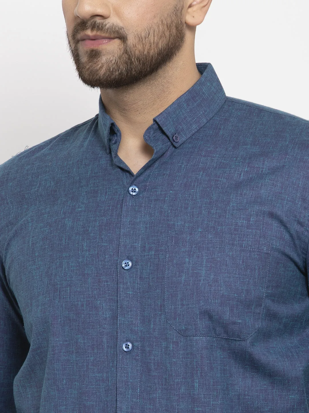Men's Blue Cotton Solid Button Down Formal Shirts ( SF 753Teal ) - Jainish