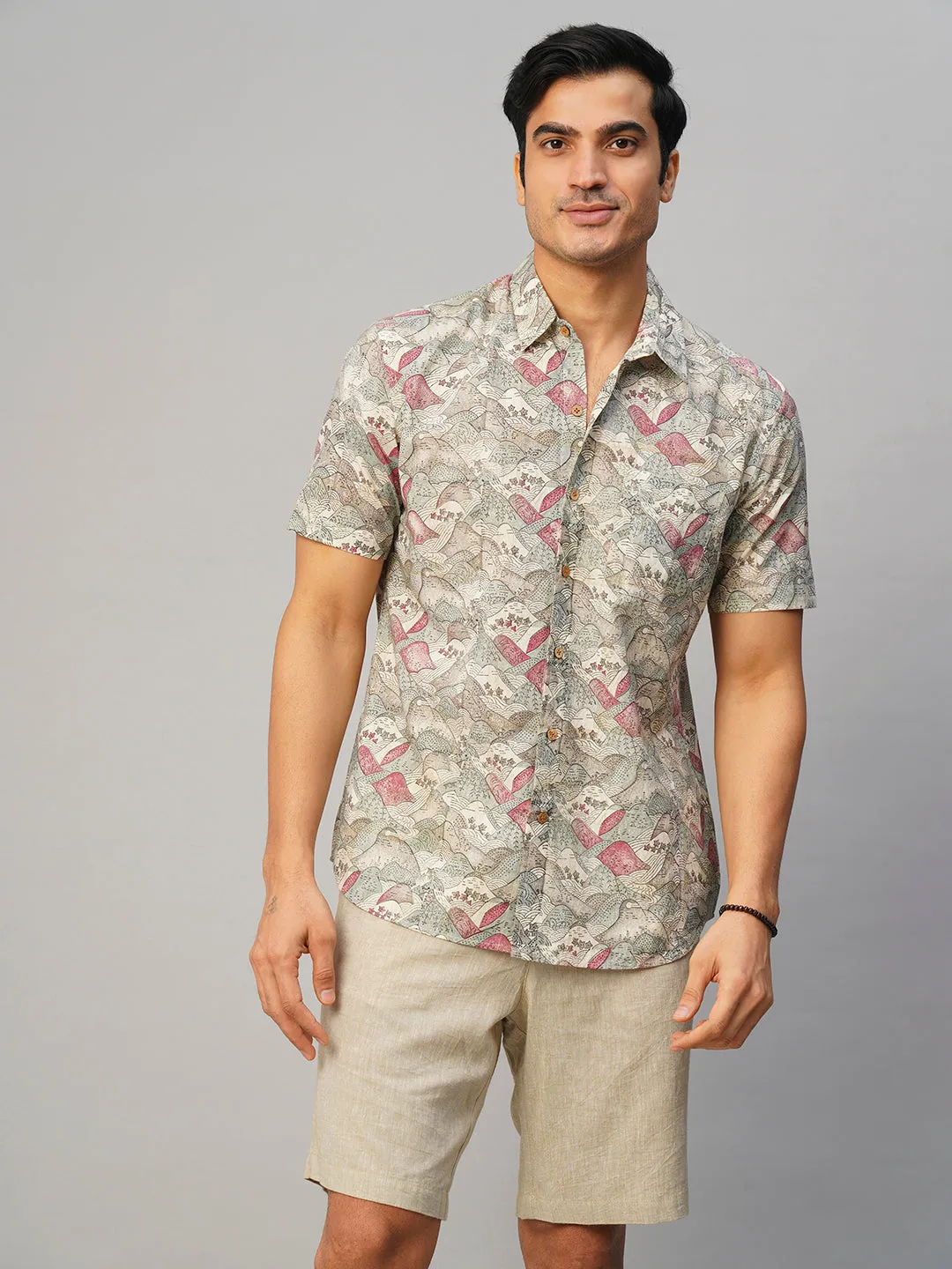 Men's Cotton Hand Block Printed Regular Fit Grey Shirt