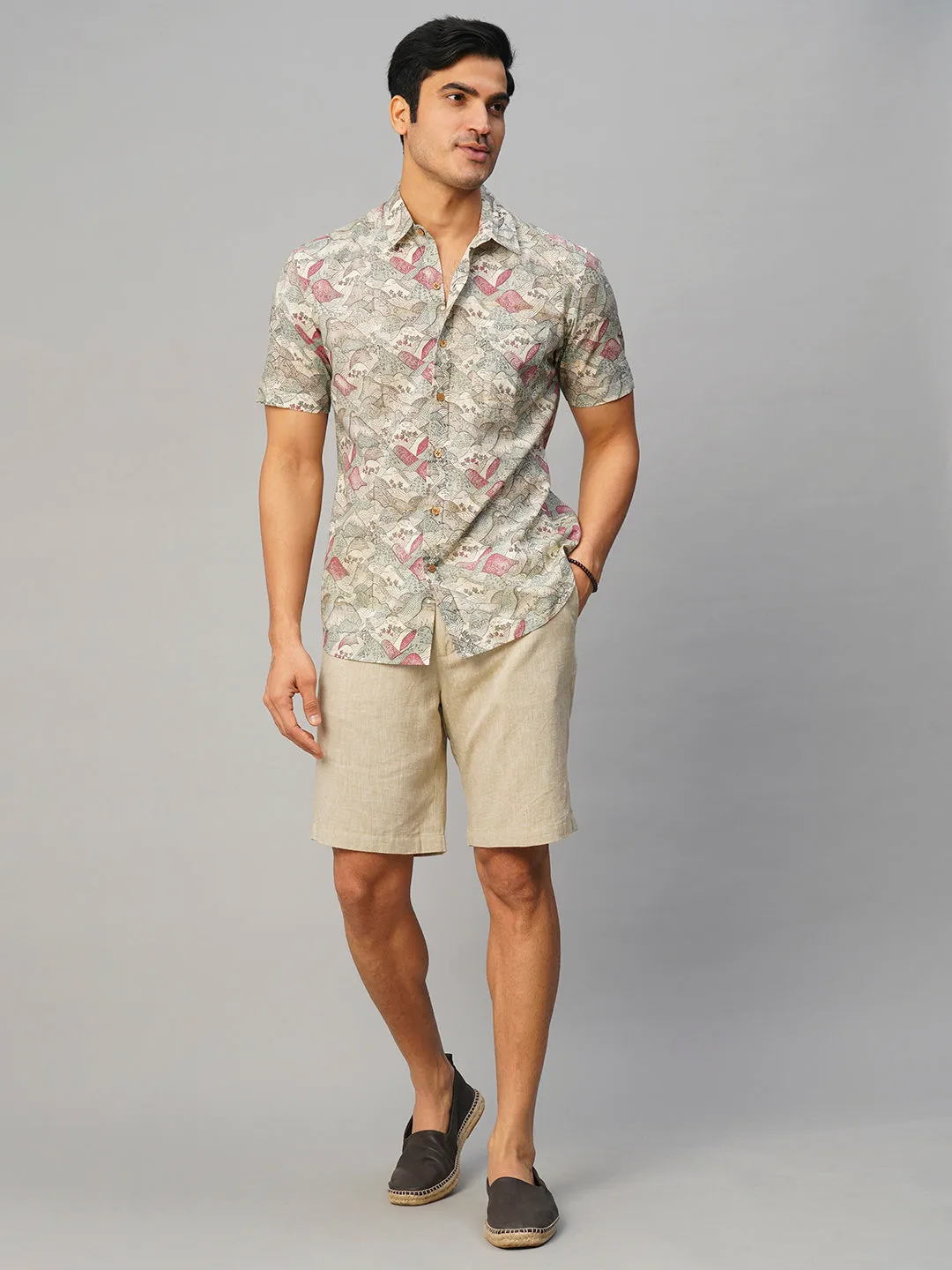 Men's Cotton Hand Block Printed Regular Fit Grey Shirt