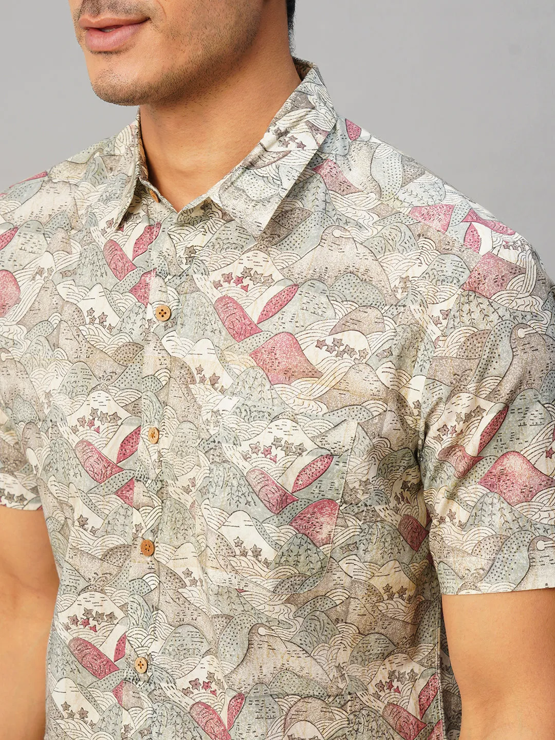 Men's Cotton Hand Block Printed Regular Fit Grey Shirt