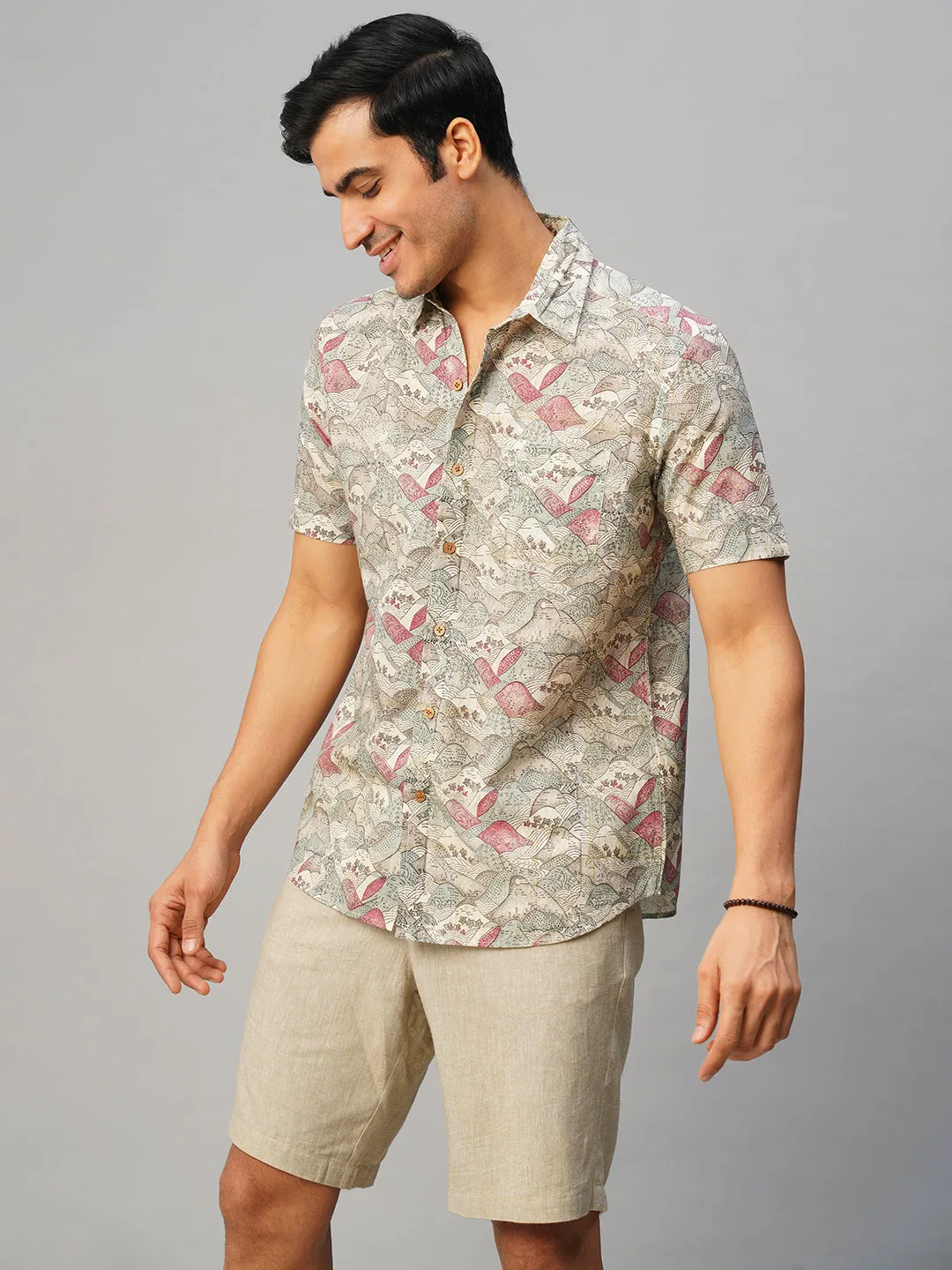 Men's Cotton Hand Block Printed Regular Fit Grey Shirt
