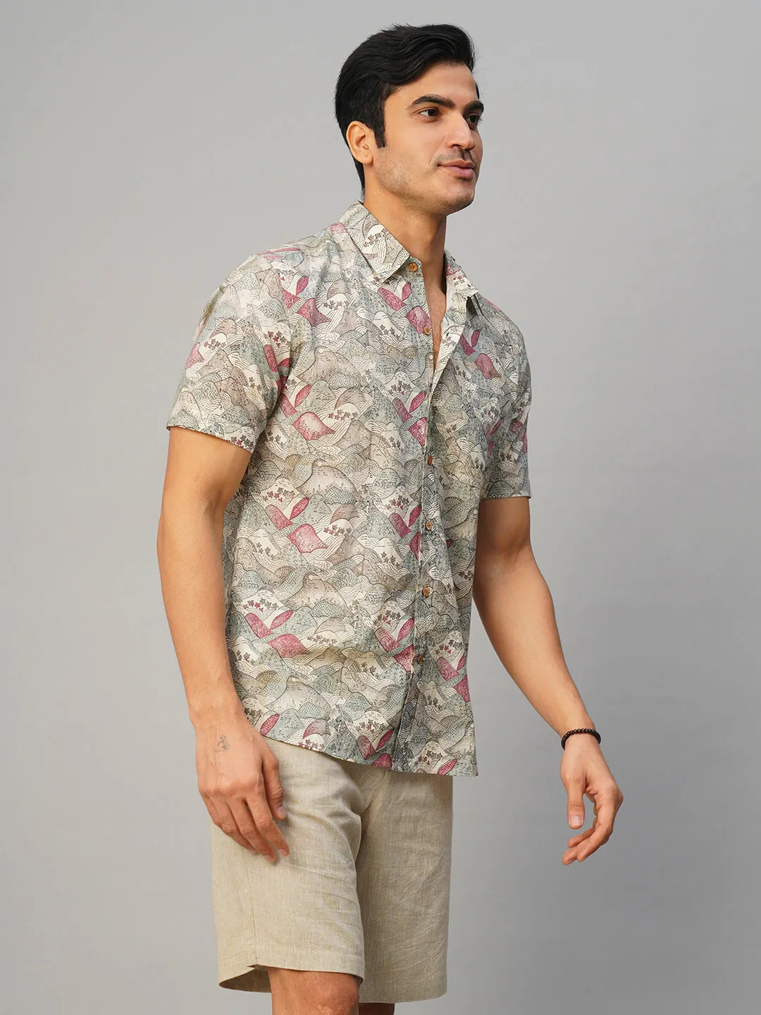 Men's Cotton Hand Block Printed Regular Fit Grey Shirt