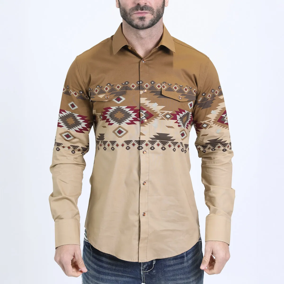 Men's Modern Fit Rodeo Panoramic Print Beige Shirt