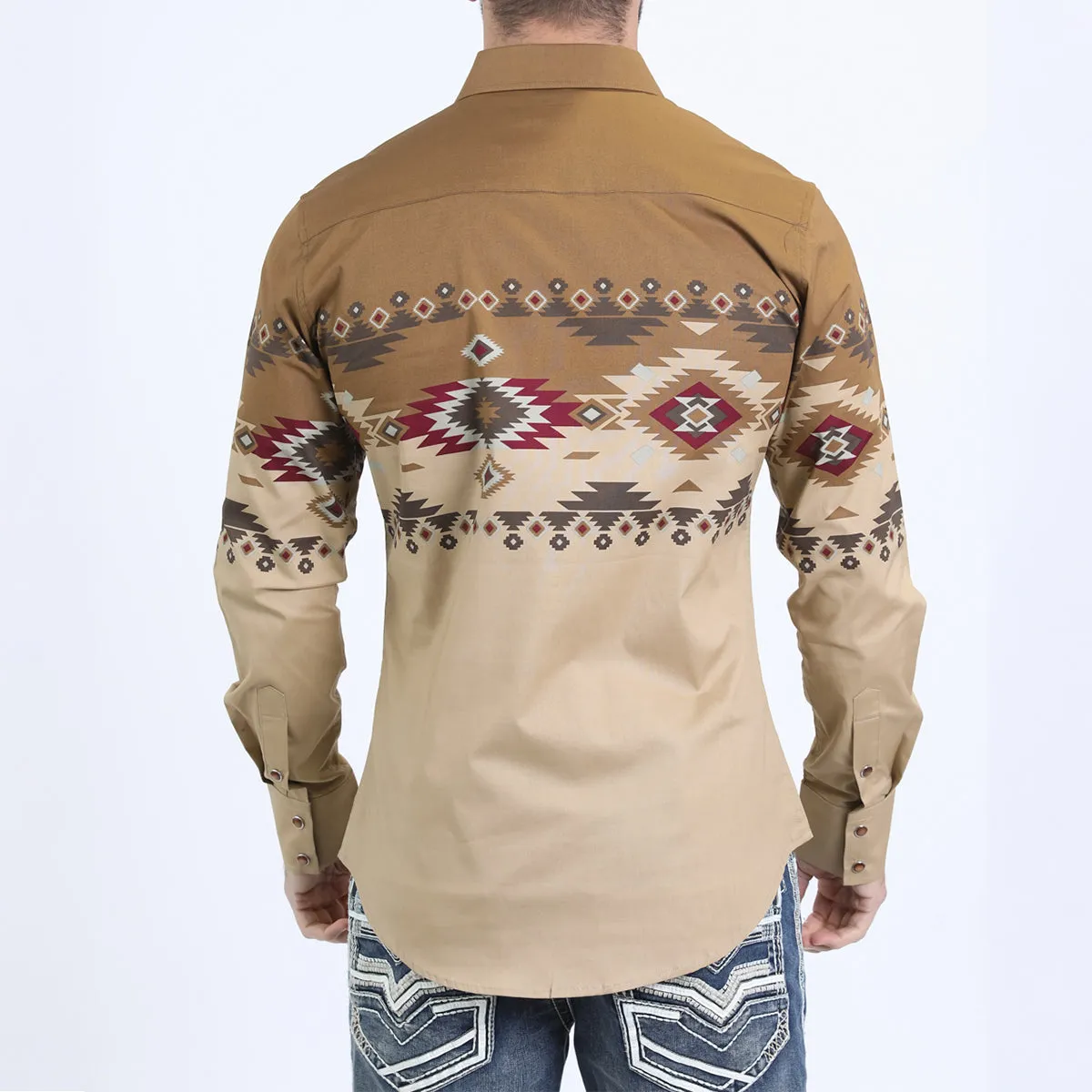 Men's Modern Fit Rodeo Panoramic Print Beige Shirt