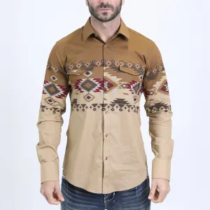 Men's Modern Fit Rodeo Panoramic Print Beige Shirt