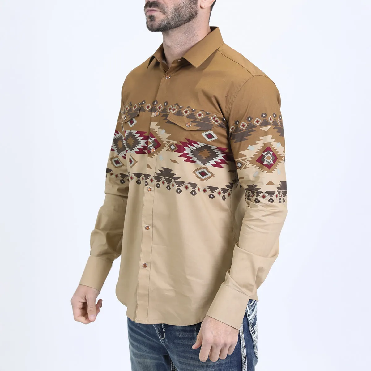 Men's Modern Fit Rodeo Panoramic Print Beige Shirt