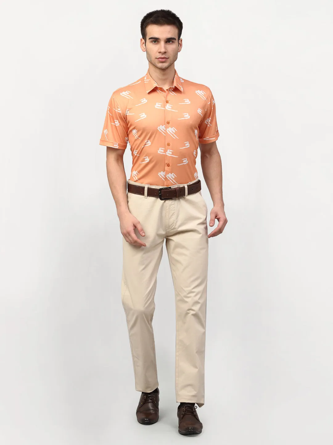 Men's Peach Printed Lycra Half Sleevess Formal Shirts ( SF 778Peach ) - Jainish