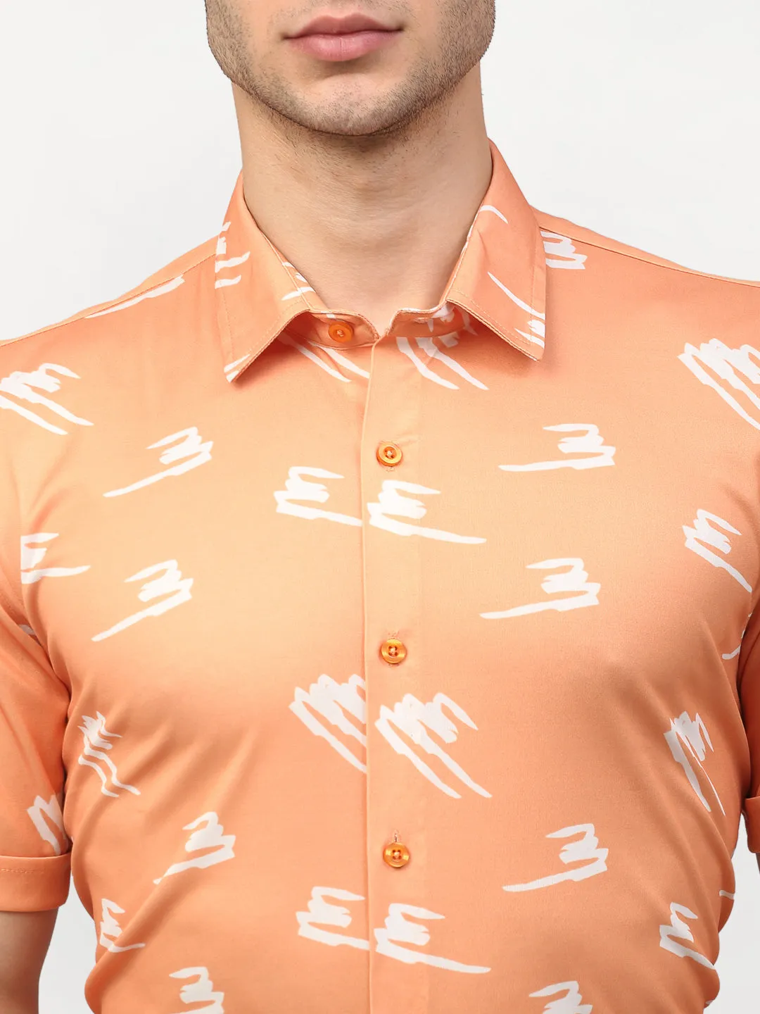 Men's Peach Printed Lycra Half Sleevess Formal Shirts ( SF 778Peach ) - Jainish