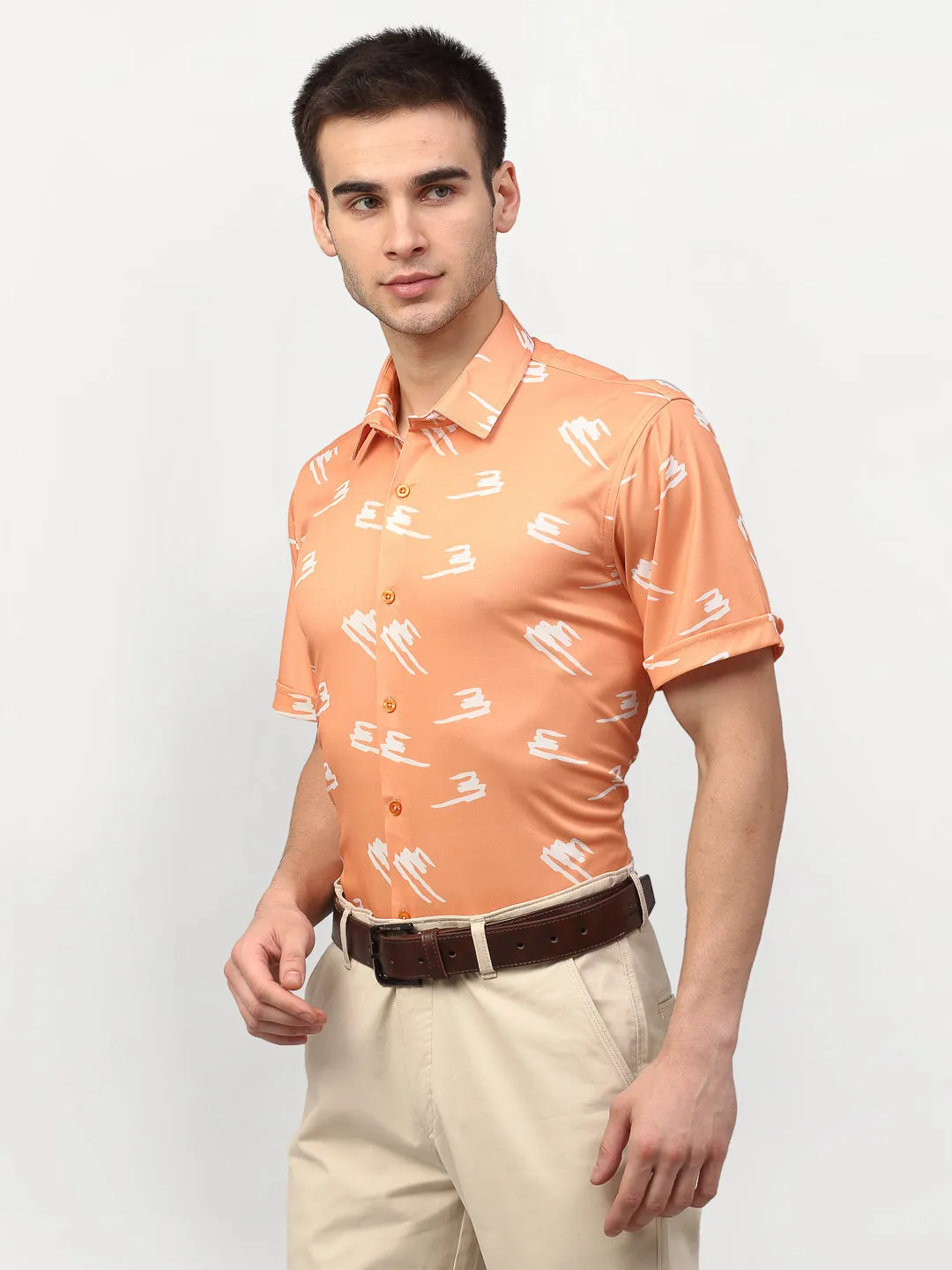Men's Peach Printed Lycra Half Sleevess Formal Shirts ( SF 778Peach ) - Jainish