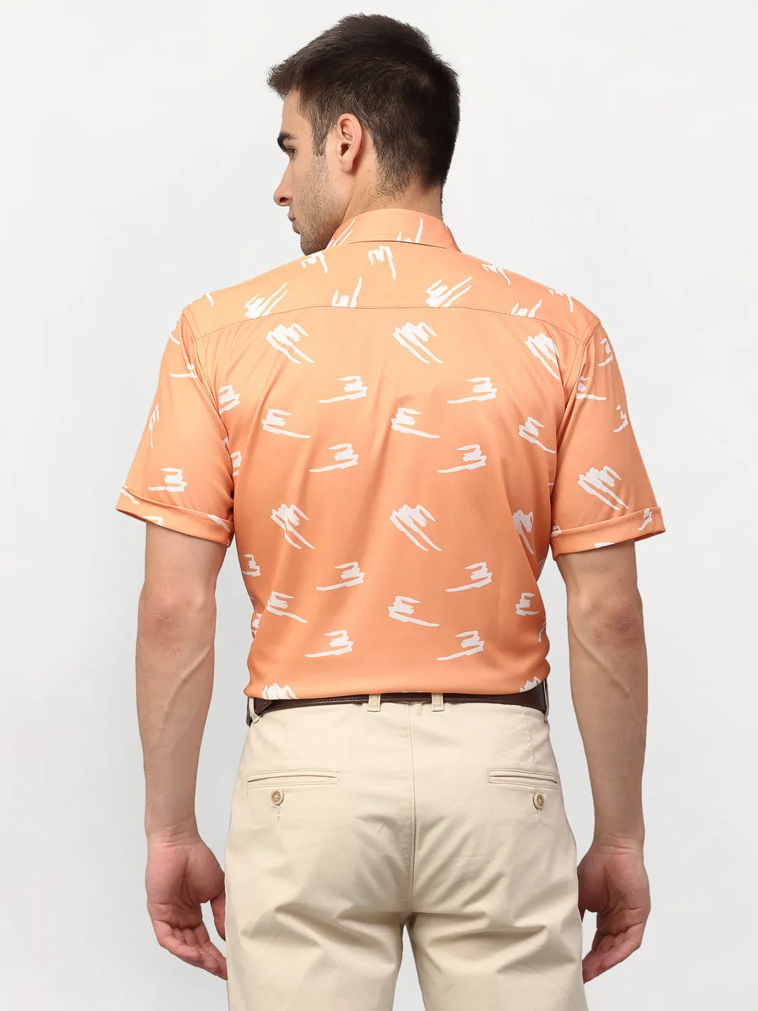 Men's Peach Printed Lycra Half Sleevess Formal Shirts ( SF 778Peach ) - Jainish