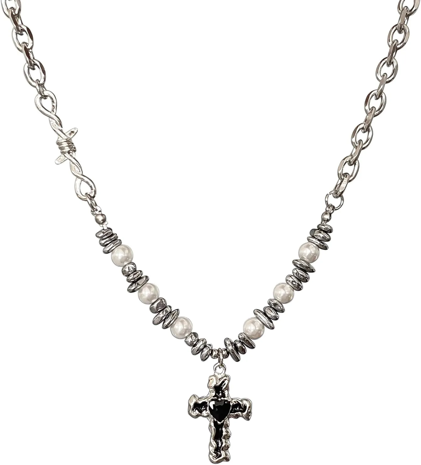 Mens Pearl Cross Necklace Silver Cross Pendant Trendy Stainless Steel Chain Non Tarnish Black Cross Necklace