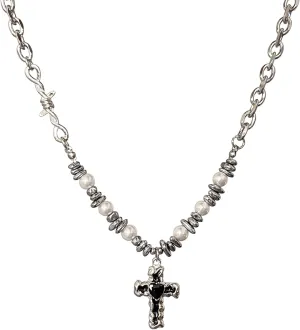 Mens Pearl Cross Necklace Silver Cross Pendant Trendy Stainless Steel Chain Non Tarnish Black Cross Necklace