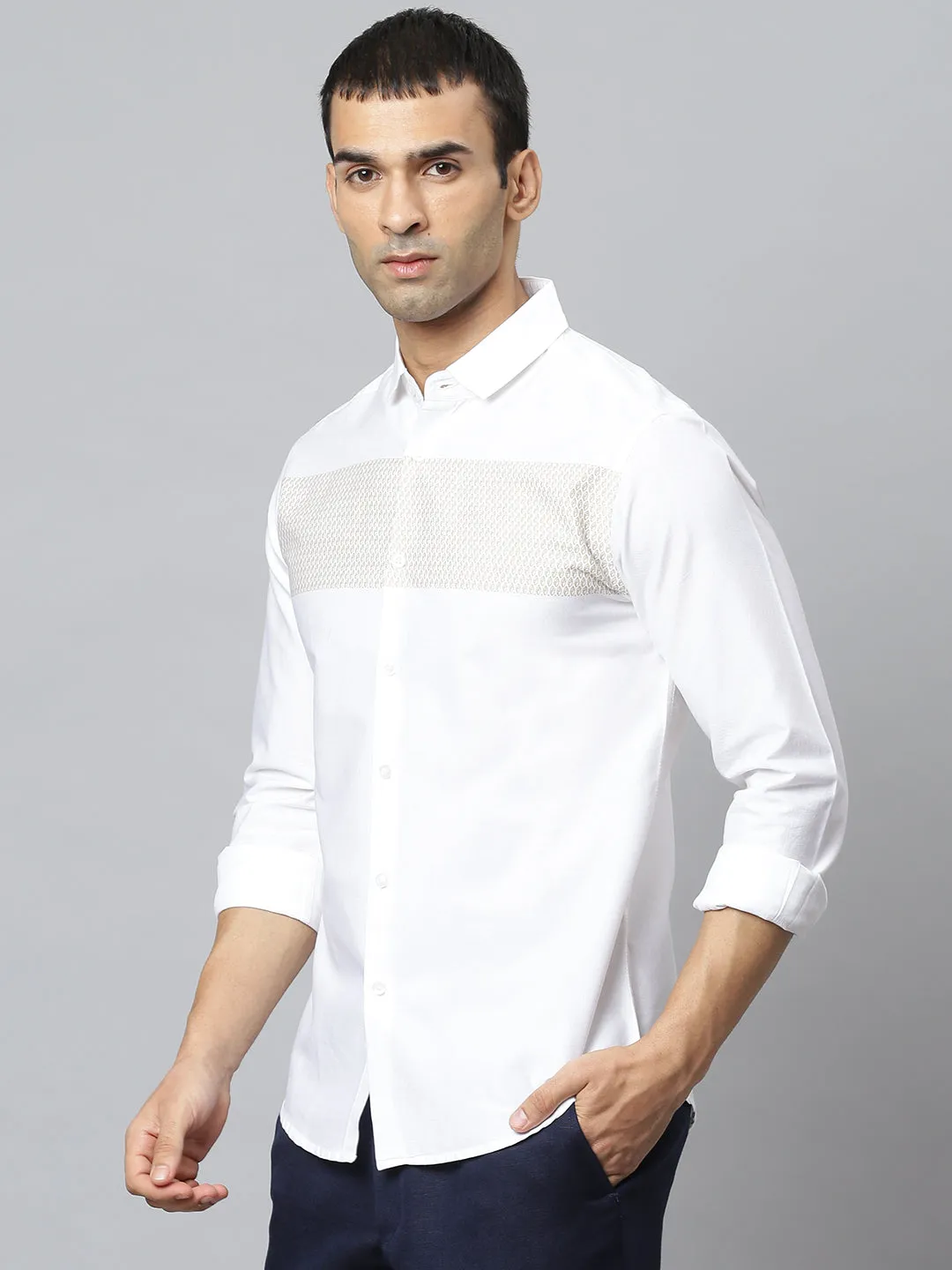 Men's Self Design Spread Collar Slim Fit Fulll Sleves Shirts (White)