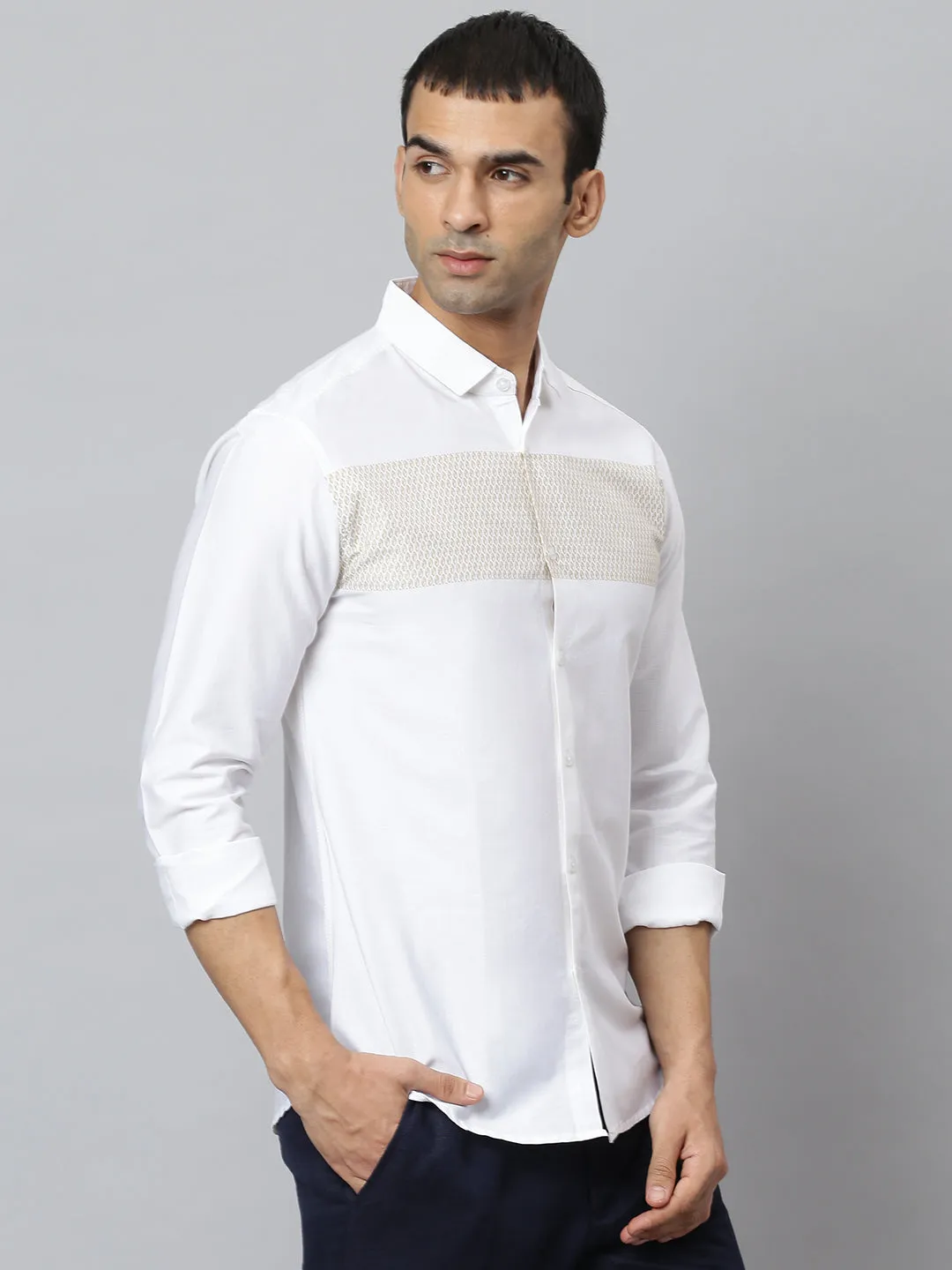 Men's Self Design Spread Collar Slim Fit Fulll Sleves Shirts (White)