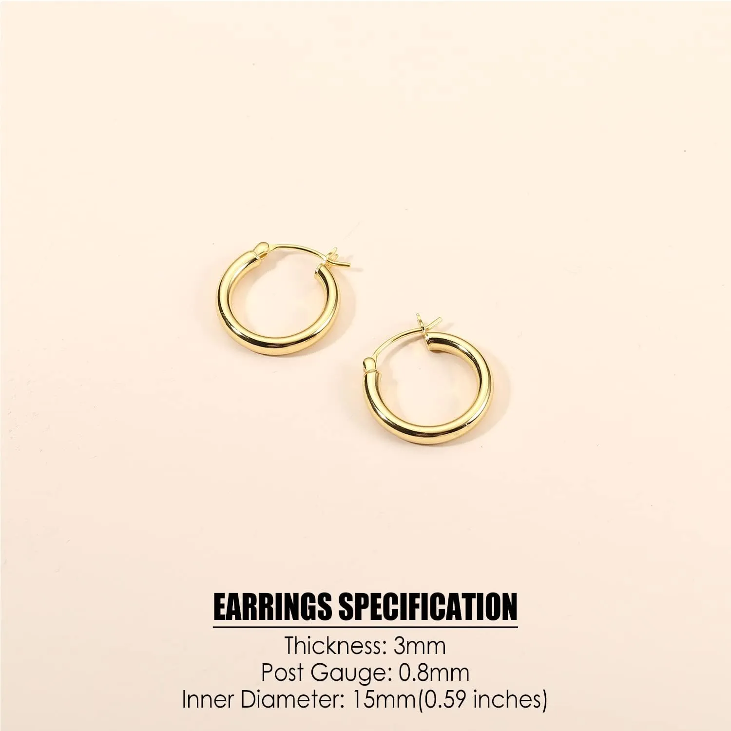 MILACOLATO S925 Sterling Silver Hoop Earrings 14K Real Gold Plated Hoops 3mm Chunky Large Big Hoop Earrings Hypoallergenic Lightweight Earrings for Women 15/20/30/40/50/60/70mm