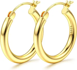 MILACOLATO S925 Sterling Silver Hoop Earrings 14K Real Gold Plated Hoops 3mm Chunky Large Big Hoop Earrings Hypoallergenic Lightweight Earrings for Women 15/20/30/40/50/60/70mm