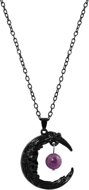 MINACHI Bohemian Retro Style Crescent Moon Face and Purple Stone Pendant Long Necklace for Women