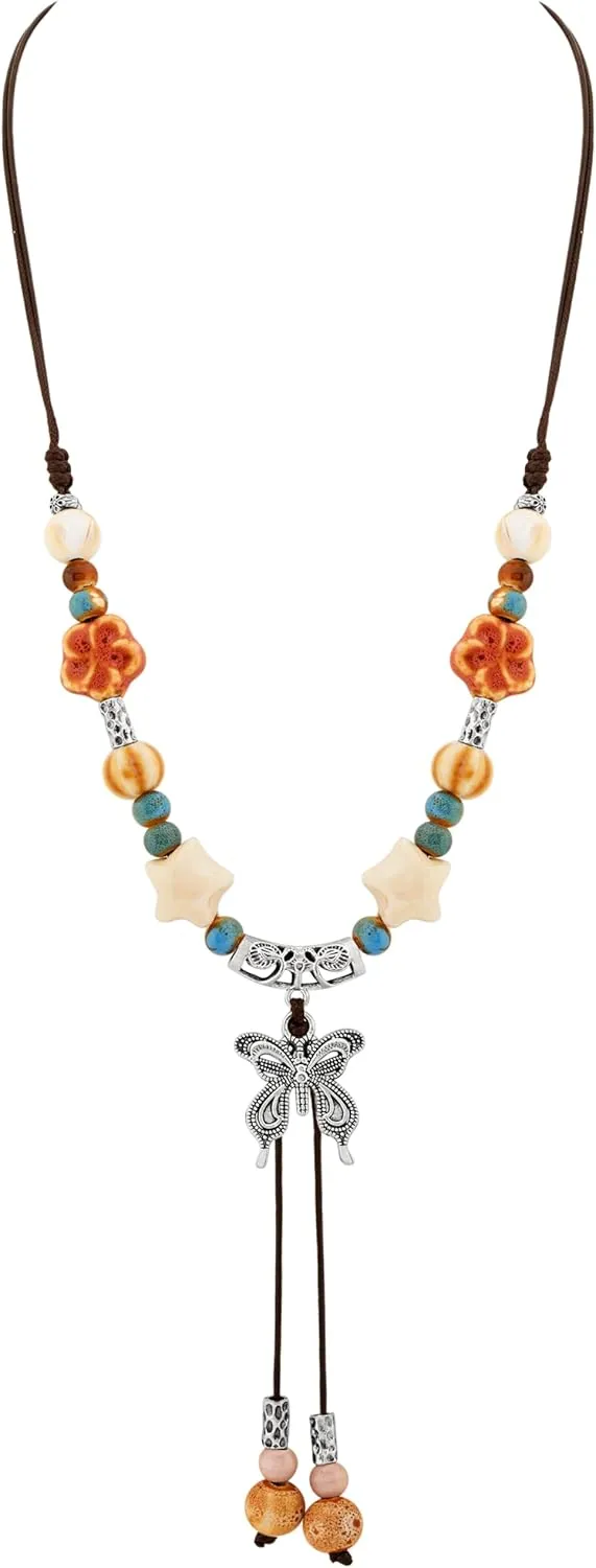 MINACHI Ceramic Beads Long Necklace, Watermelon Beads with Butterfly and Leaves Pendant, Bohemian Vintage Chunky Costume Jewelry for Women