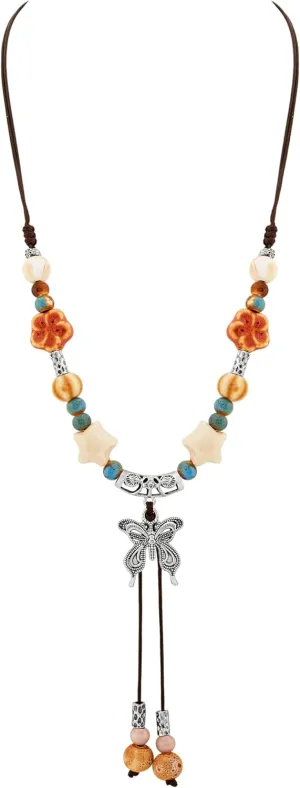 MINACHI Ceramic Beads Long Necklace, Watermelon Beads with Butterfly and Leaves Pendant, Bohemian Vintage Chunky Costume Jewelry for Women