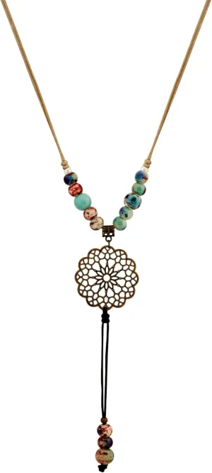 MINACHI Ceramic Beads Necklace, Mandala Flower Pendant with Tassel, Vintage Tone, Bohemian Handmade Jewelry for Women