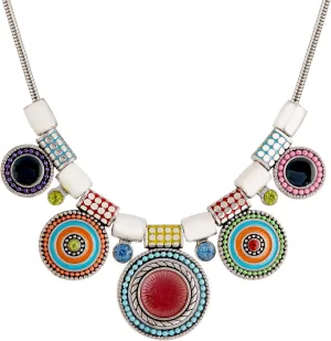 MINACHI Vintage Bohemia Ethnic Colorful Silver-toned Charm Pendant Choker Necklace, Long Silver-toned Chain Necklace for Women