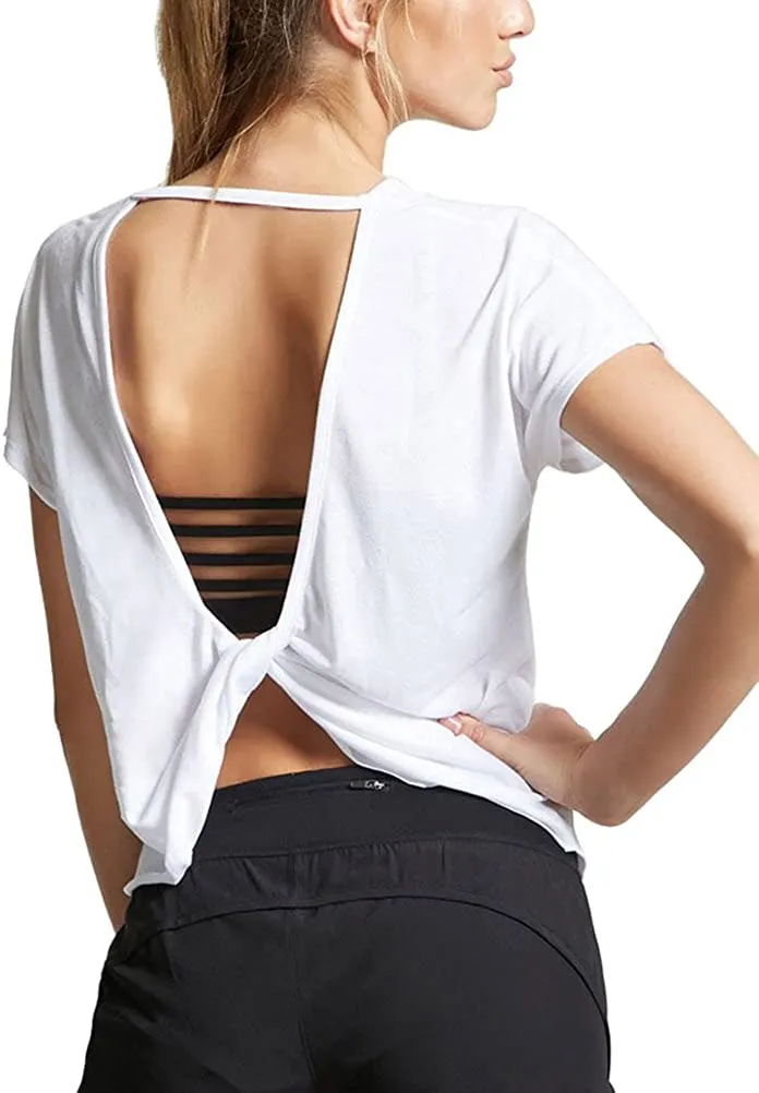 Mippo Open Back Workout Tops for Women Short Sleeve Gym Shirts Cute Fashion Clothing