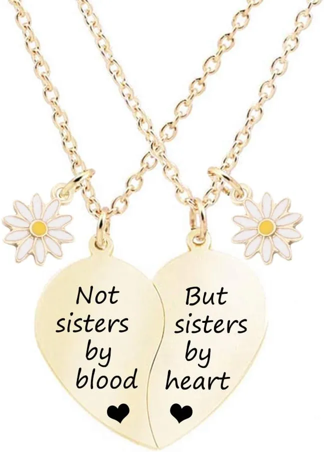 MJartoria BFF Necklace for 2-Split Valentine Heart Necklace Best Friends Not Sisters by Blood Daisy Pendant Friendship Necklace Set of 2 Gifts for Her