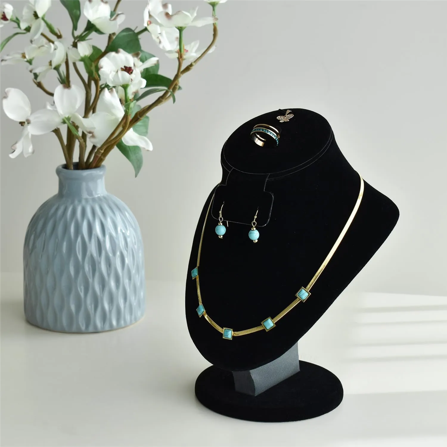 MOOCA Jewelry Display, Black Velvet Stand, Necklace Mannequin, Adjustable Hook, Wood Base, Fits Choker Necklaces, Jewelry Storage