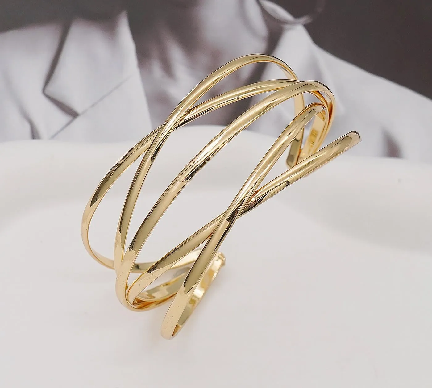 Multi-Layer Cuff Bracelet for Women Cross Wire Bracelets Open Wide Cuff Gold Bangle Bracelet