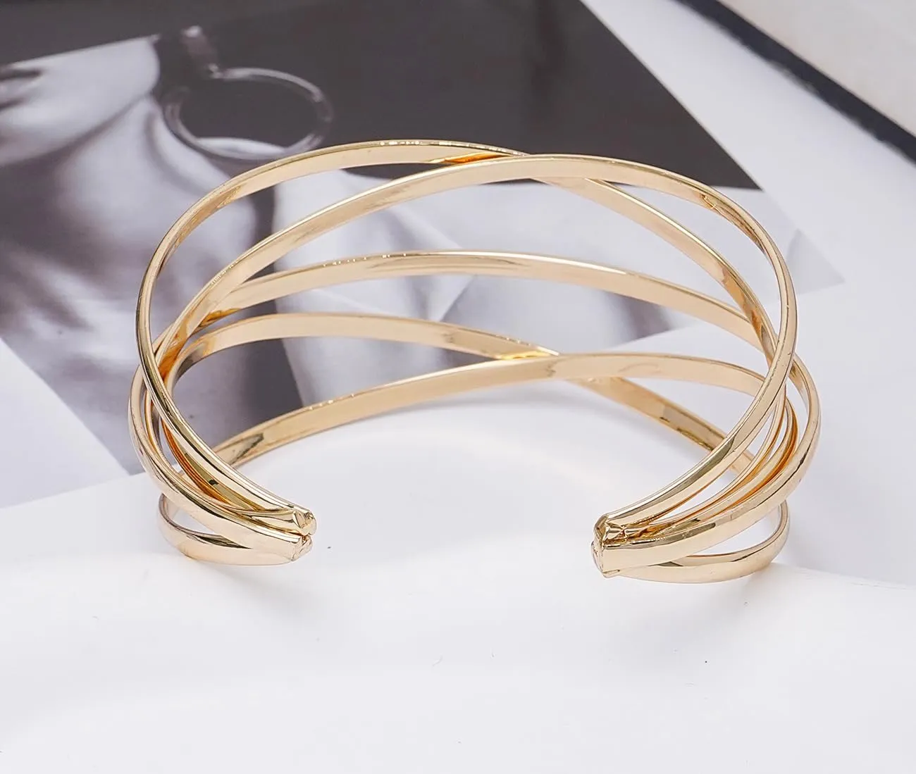 Multi-Layer Cuff Bracelet for Women Cross Wire Bracelets Open Wide Cuff Gold Bangle Bracelet