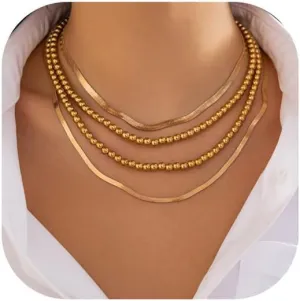 Multi-layered Beaded Necklace Set Metal Flat Clavicle Chain Necklace Punk Bead Body Chain Necklace Festival Rave Statement Collar Necklace Jewelry for Women