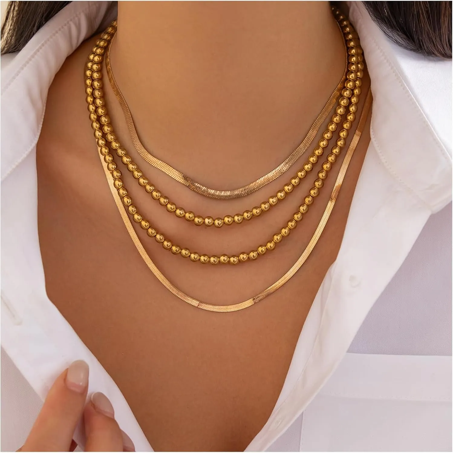 Multi-layered Beaded Necklace Set Metal Flat Clavicle Chain Necklace Punk Bead Body Chain Necklace Festival Rave Statement Collar Necklace Jewelry for Women
