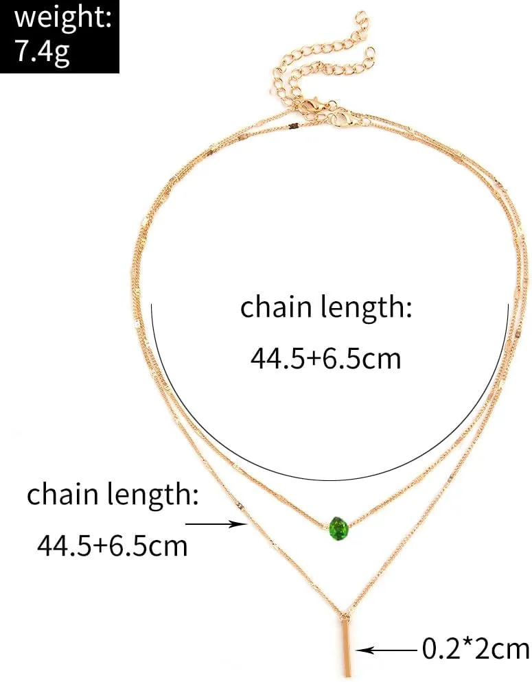 MYANAIL Double Layered Drop Shaped Crystal Pendant Necklace for Women 14k Gold Strip Bar Choker Clavicle Necklace Jewelry
