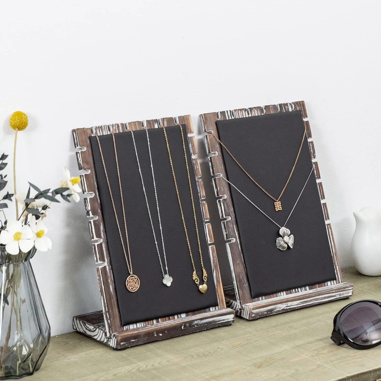 MyGift Modern Bamboo Necklace Jewelry Tabletop Display Boards, Set of 2 (Torched Wood)