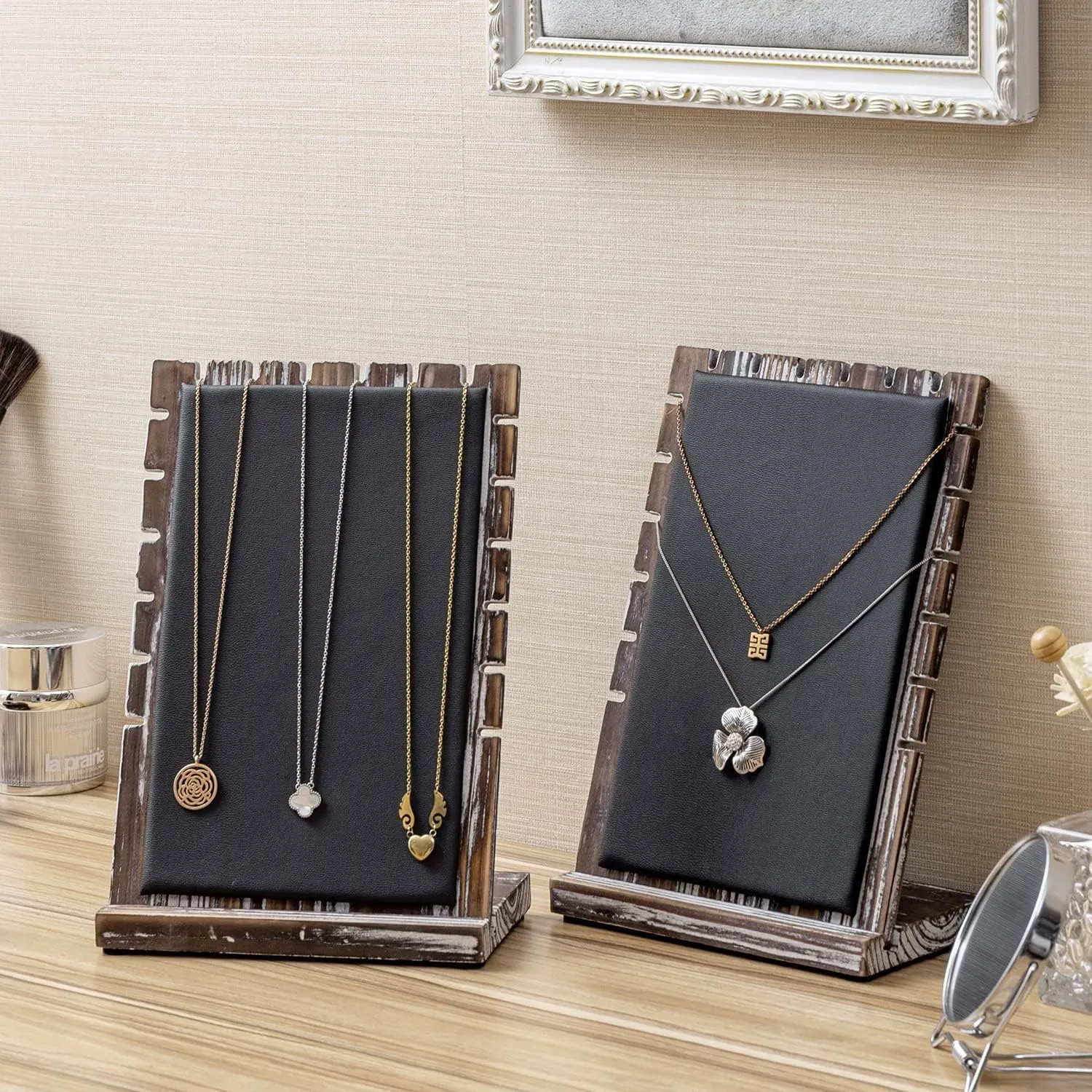 MyGift Modern Bamboo Necklace Jewelry Tabletop Display Boards, Set of 2 (Torched Wood)