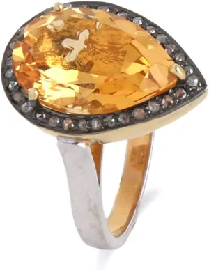 Natural Citrine with Diamond ring in 925 Sterling Silver - 0.24 Carat Brown Natural Diamond (I2-I3 Clarity) And Multi-Colour Clear Pear shape 4.95 cts. Citrine Ring For Women Gifts