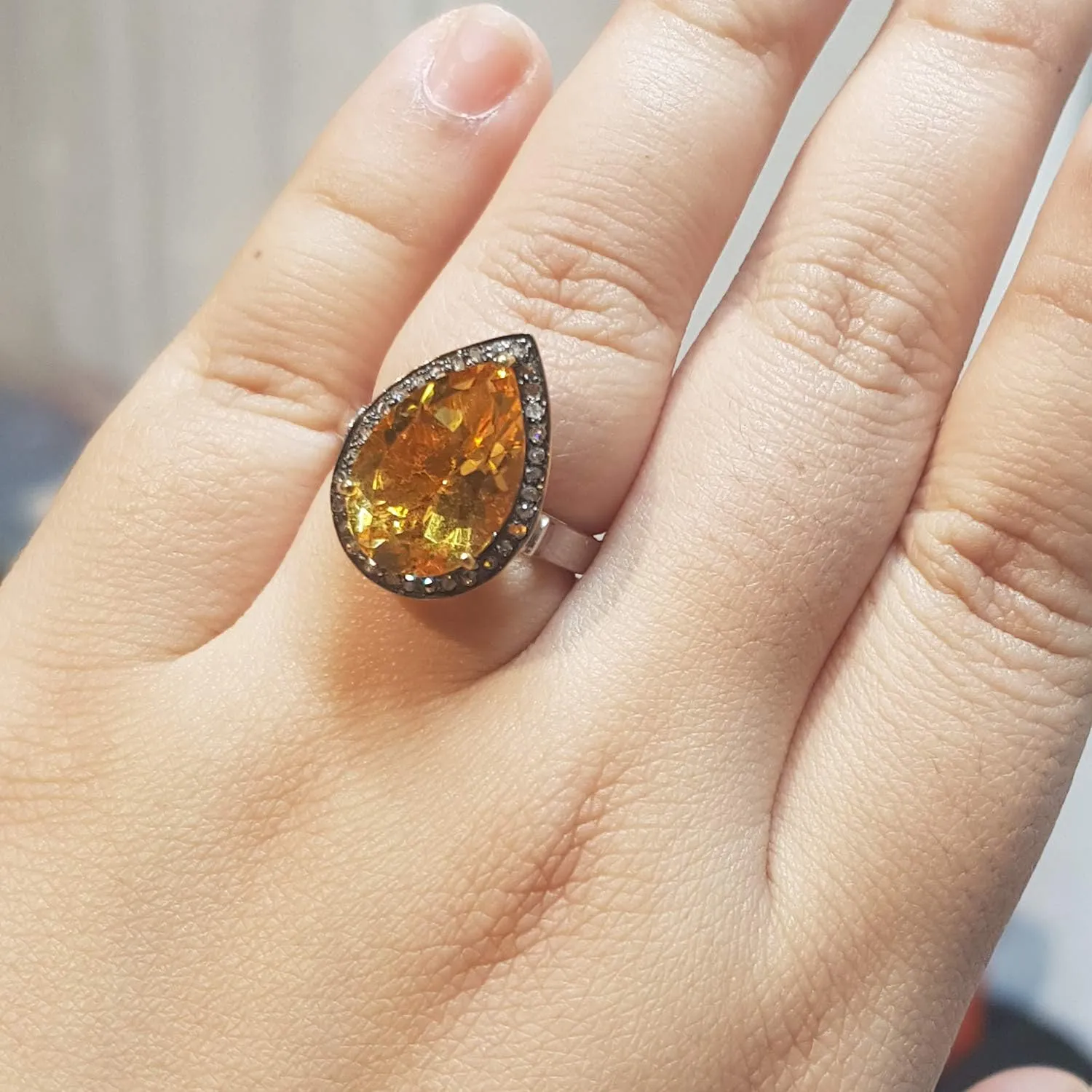 Natural Citrine with Diamond ring in 925 Sterling Silver - 0.24 Carat Brown Natural Diamond (I2-I3 Clarity) And Multi-Colour Clear Pear shape 4.95 cts. Citrine Ring For Women Gifts