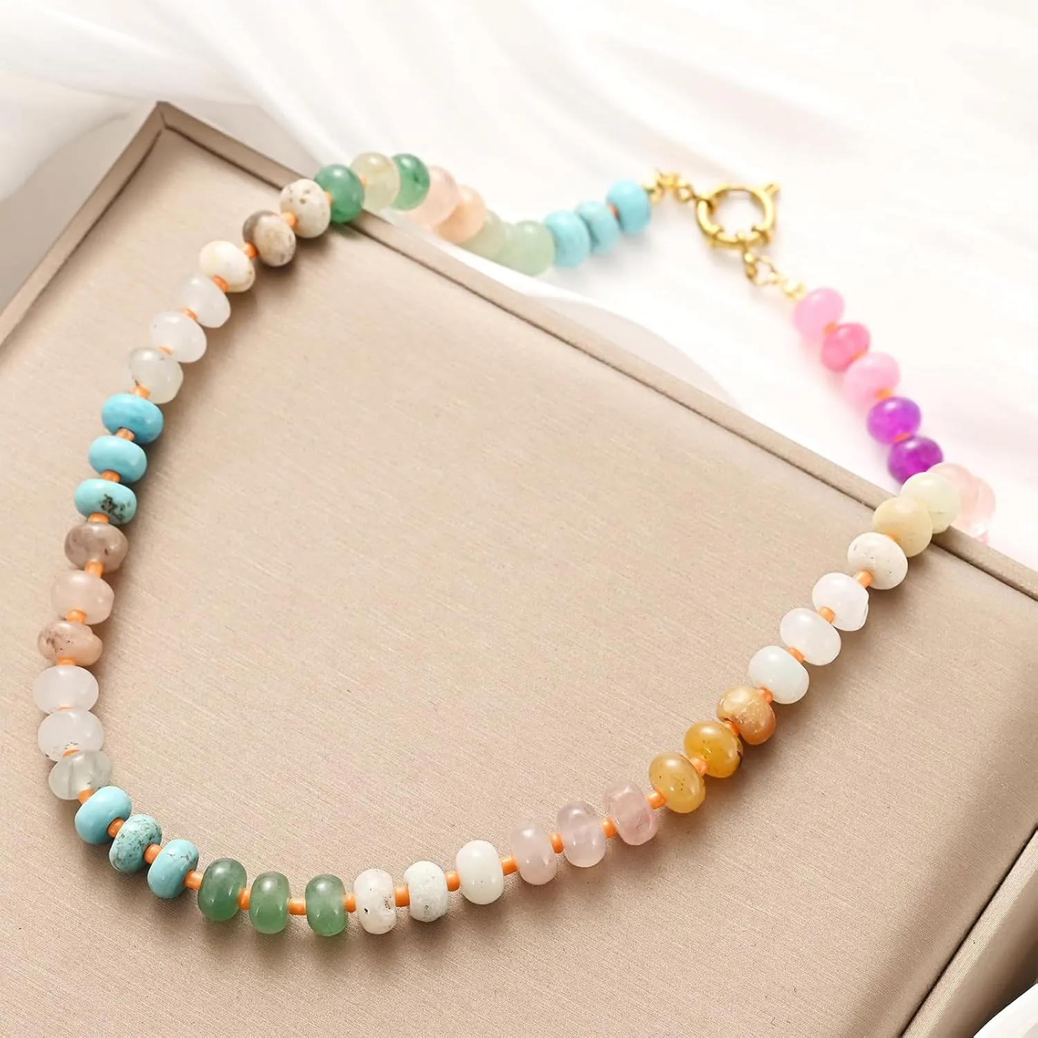 Natural Stone Beaded Necklace for Women Boho Colorful Beads Choker Necklace Rainbow Charm Necklace Surfer Beach Necklace Jewelry Gift