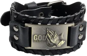 New 2026 Unisex Wide Leather Prayer Hand God Bracelet Charm Men's Viking Accessorie Jewelry Gift Bangles For Women Decoration Luxury With You Accessories Trendy Best For Women And Men