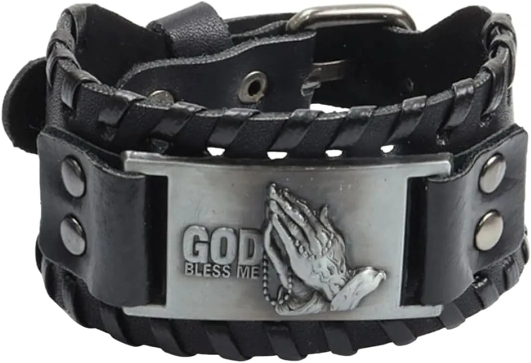 New 2026 Unisex Wide Leather Prayer Hand God Bracelet Charm Men's Viking Accessorie Jewelry Gift Bangles For Women Decoration Luxury With You Accessories Trendy Best For Women And Men