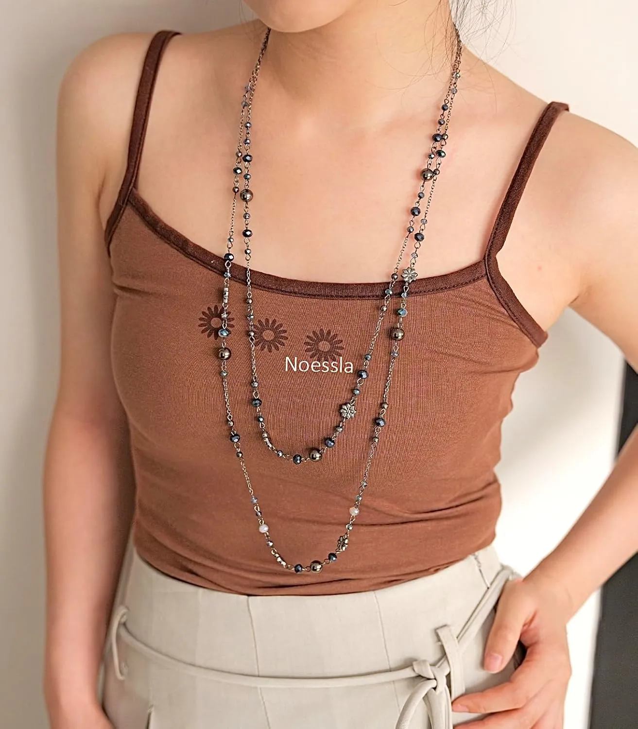Noessla Layered Long Necklaces for Women Silver Black Beaded Necklace Vintage Flower Costume Jewelry Birthday Gifts for Women