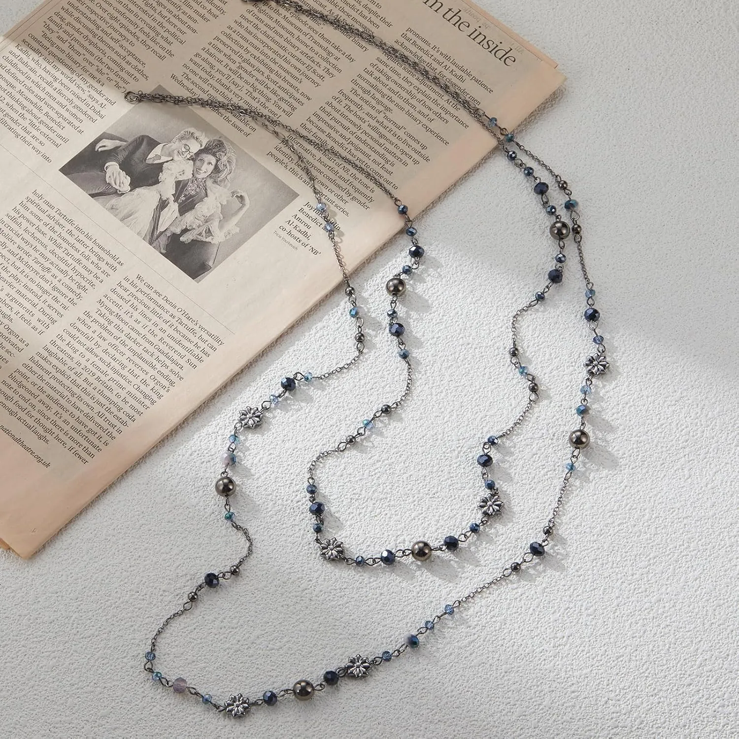 Noessla Layered Long Necklaces for Women Silver Black Beaded Necklace Vintage Flower Costume Jewelry Birthday Gifts for Women